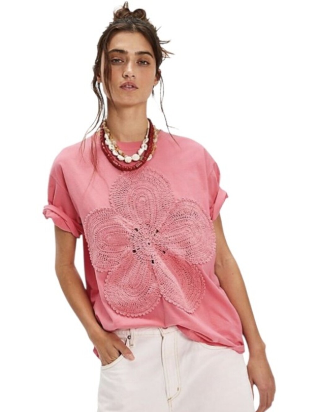Free People The Tales Pink Crochet Flower Short Sleeve Tee XL Boxy Boho T-shirt